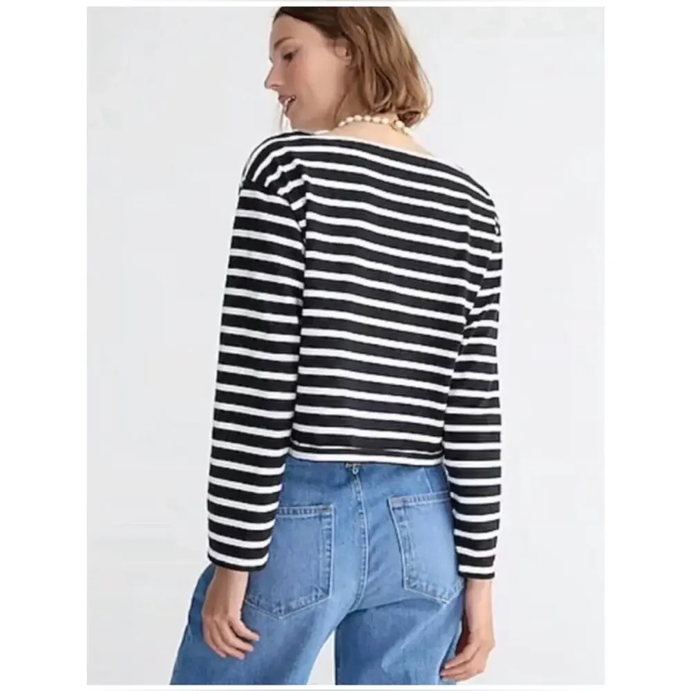 J. Crew Women's Cropped Fit Striped Boat Neck Top Black White Stripe Size Large